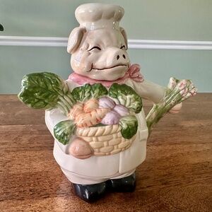 World of Bazaars Inc. Vintage Ceramic Teapot & Lid, Chef Pig & Vegetables